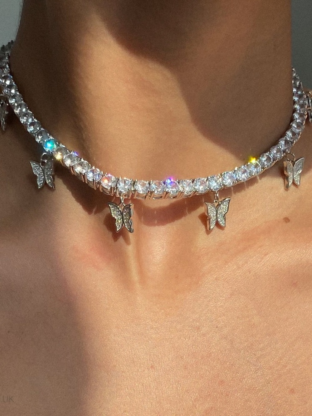 Sterling Silver Butterfly Charm Tennis Choker Necklace - Silver